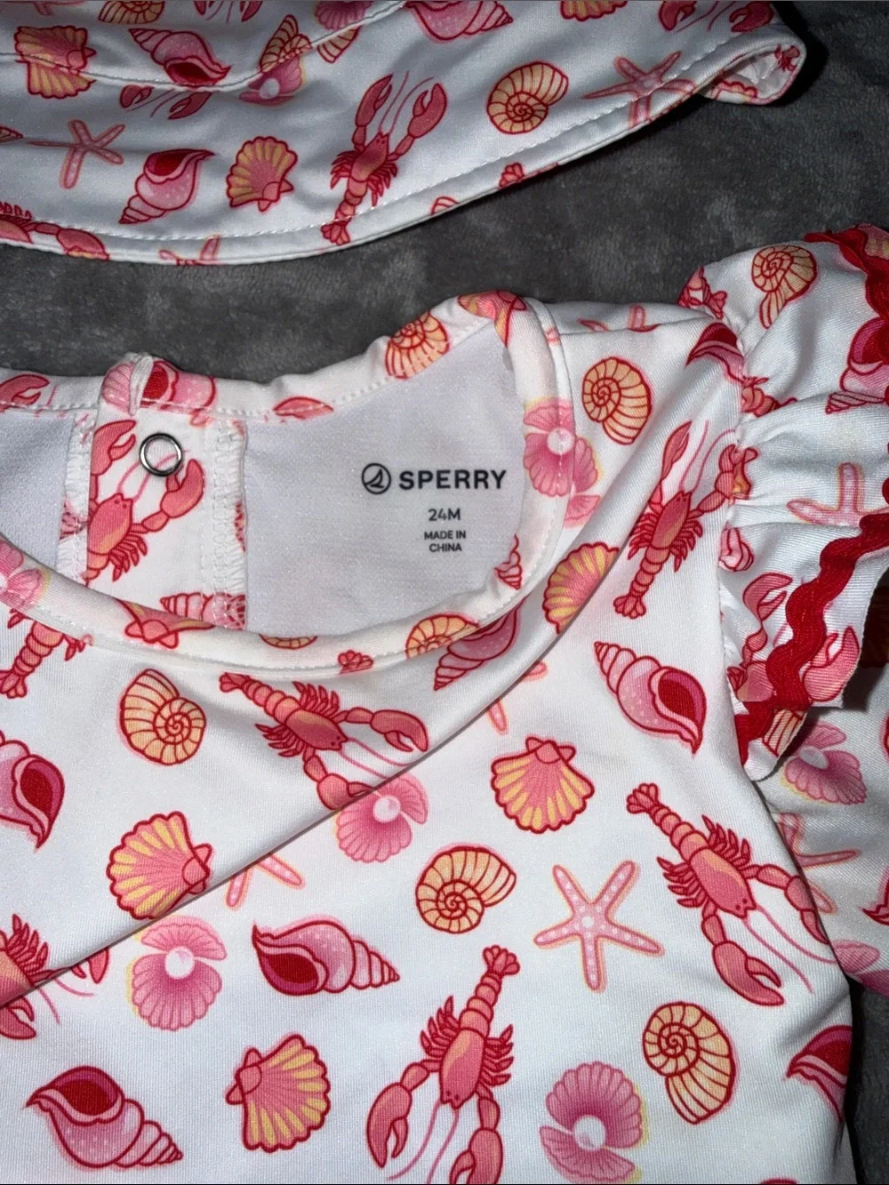Sperry Pink and Coral Shell-Print Long Sleeve One-Piece Swim with Hat